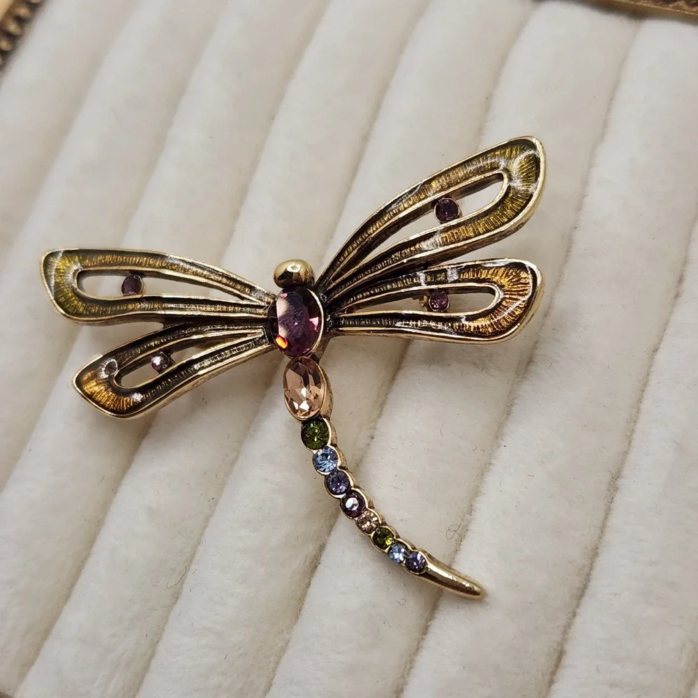 Monet Vintage Crystal Enamel Dragonfly Brooch Pin Signed Cottagecore Collectible